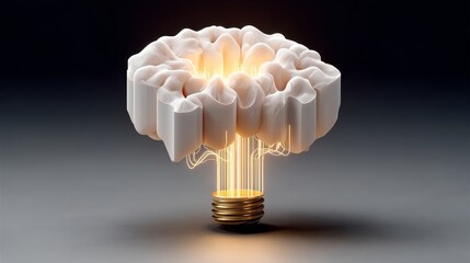 Conceptual illustration of a brain emerging from a light bulb, symbolizing creativity and innovation, with glowing lines representing ideas and thoughts, showcasing the fusion of intellect and technol