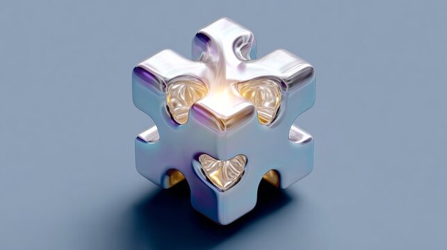 Shiny metallic puzzle piece with heart-shaped cutouts, illuminated from within, resting on a smooth surface, showcasing a blend of modern design and playful creativity in a minimalist setting