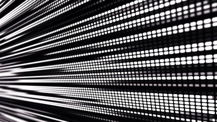 Digital flow. Dynamics of light and energy of pixels. The illustration shows a bright LED panel, where black and white stripes create the effect of movement and energy. Vector illustration.