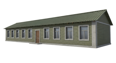 Long green modular building with windows and door on transparent background