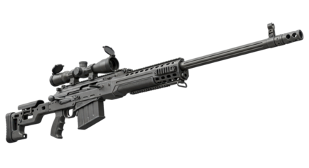 Precision sniper rifle with scope and bipod on transparent background