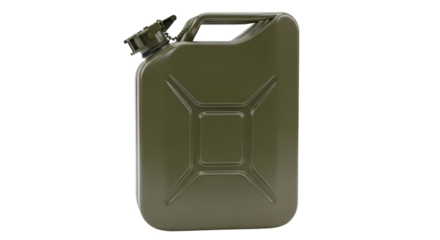 Olive green fuel canister with cap on transparent background