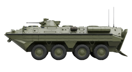 Military armored personnel carrier with antennas on transparent background