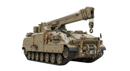 Military armored recovery vehicle with crane on tracks transparent background