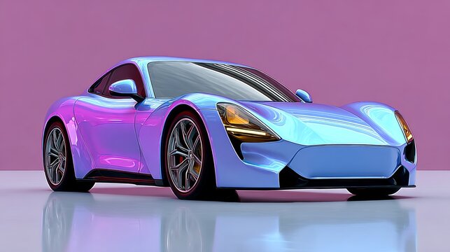 Sleek modern sports car with a vibrant blue and purple metallic finish, positioned against a soft pink backdrop, showcasing its aerodynamic design and innovative features in a striking visual display