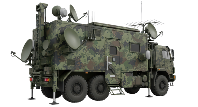 Camouflaged military communications vehicle with satellite dishes and antennas