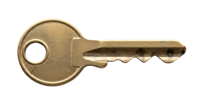 Close-up of brass key with grooves and round head on transparent background