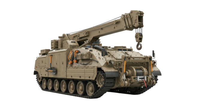 Military armored recovery vehicle with crane on tracks transparent background