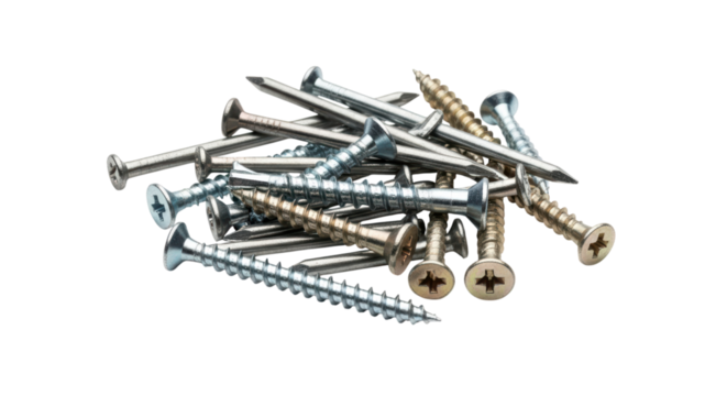 Assorted metal screws on transparent background: steel, brass, woodwork, construction tools