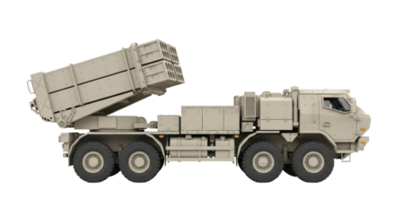 Military missile launcher vehicle on transparent background with detailed side view