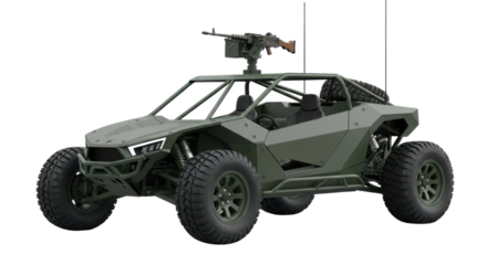 Military tactical buggy with mounted gun and antennas on transparent background