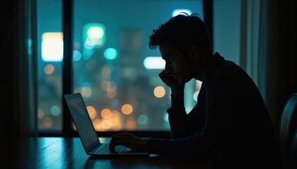 Man works on laptop in dark room at night looking at city lights. Person thinks about online privacy and data security issues. He is concerned about his digital life and personal information.