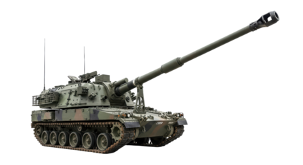 Modern military tank with long barrel and camouflage on transparent background