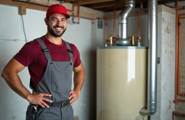 Smiling tradesman prepares boiler maintenance in basement. Skilled technician wears red cap, uniform ready to work on home heating system. Displays confidence, expertise during domestic repair task.