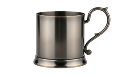 Vintage silver metallic mug with ornate handle on transparent background