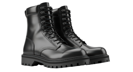 Shiny black leather combat boots with thick soles on transparent background