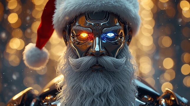 Futuristic cyberpunk Santa Claus robot portrait with glowing eyes, metallic beard, red Christmas hat, and bokeh lights background — high-detail sci-fi festive artwork