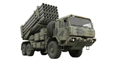Military missile launcher vehicle with multiple rocket tubes and camouflage design