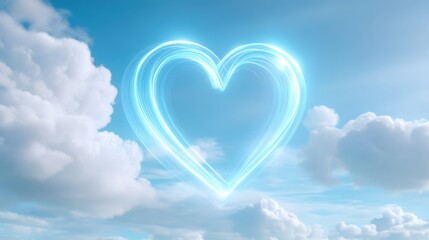 Large glowing blue heart floating in soft sky with clouds, symbol of peace, love and kindness