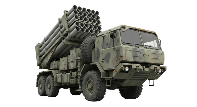 Military missile launcher vehicle with multiple rocket tubes and camouflage design