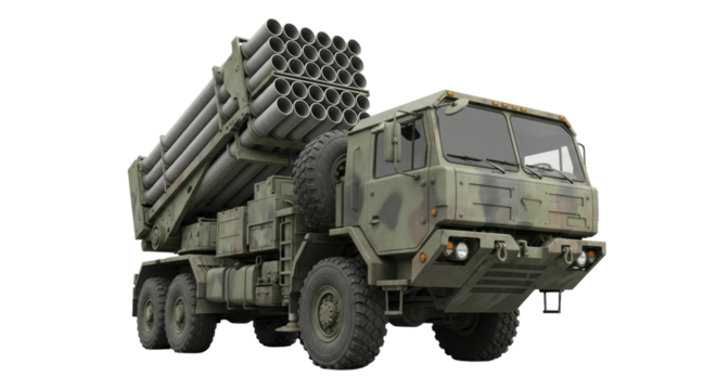 Military missile launcher vehicle with multiple rocket tubes and camouflage design