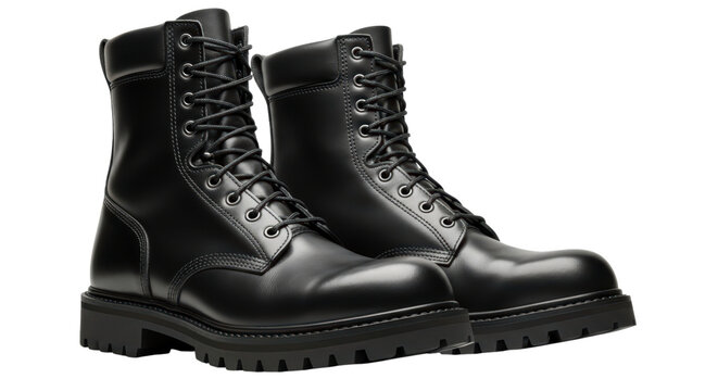 Pair of black leather combat boots with laces on transparent background