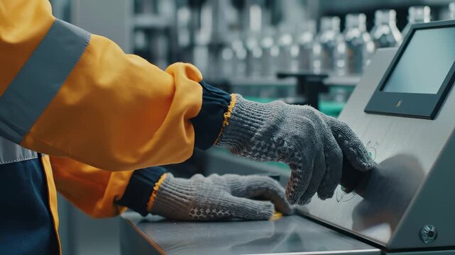 Factory worker operates digital touchscreen interface with protective gloves in modern manufacturing facility. Industrial production, quality control, and automated assembly process with technical