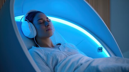 Person resting in a futuristic wellness pod, brain activity monitored via neural interface, calm lighting and soft ambient tech glow