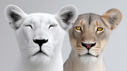 Obraz premium Two majestic lions, one white and one tawny, are positioned side by side, showcasing their distinct features and expressions, symbolizing beauty and strength in the animal kingdom