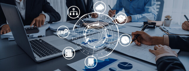 ERP icons show management, integration, and business process. ERP supports data management, ERP efficiency, and ERP organizational solutions. Entice