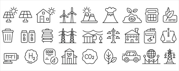 Empowering sustainability strategies with eco conscious black line icons, promoting renewable energy, reducing carbon footprint, for a greener future