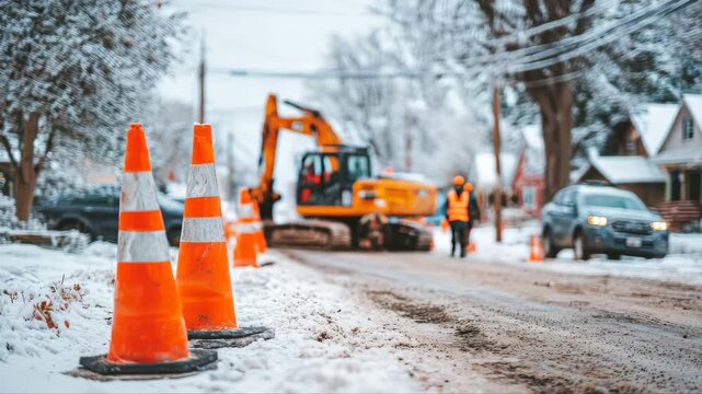 Construction scene featuring orange traffic cones in snow, with a yellow excavator working on the road, camera pans to reveal ongoing activity and workers in the background