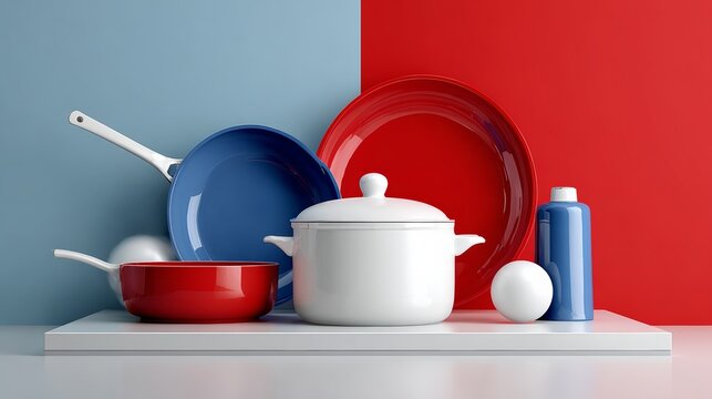 Colorful kitchenware arrangement featuring red and blue plates, pots, and utensils on a minimalist white surface, showcasing modern design and vibrant aesthetics for culinary inspiration