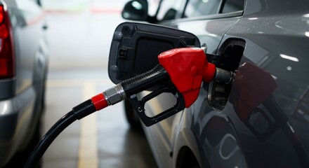 Vibrant red fuel pump nozzle refueling a contemporary dark grey car at a service station, highlighting energy consumption and travel