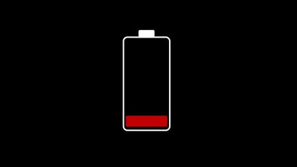 Animation of a mobile device battery icon draining power, showing the charge level decreasing to a critical red empty state on a black background