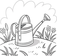 A vector illustration of a watering can with flowers is a cartoon icon or sketch on a white background, a symbol of nature and art
