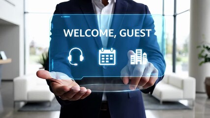 Hotel concierge presents digital welcome interface with hospitality service icons. Modern guest accommodation technology, virtual check in system, and customer communication. Smart management, tourism - Powered by Adobe