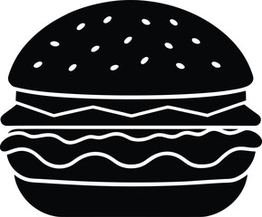 Stylized black silhouette of a double cheeseburger with sesame seed bun and lettuce