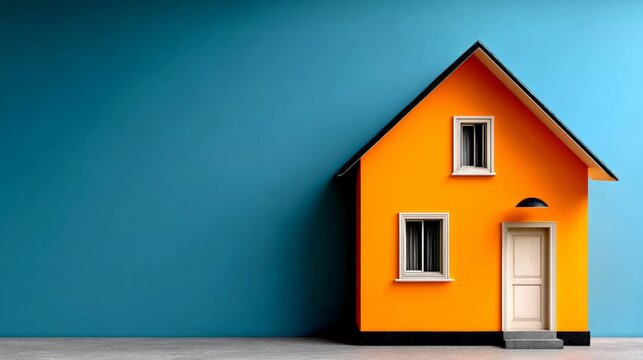 Vibrant orange house with white windows and door stands against a striking blue wall, showcasing modern architectural design and color contrast, ideal for contemporary home decor and design inspiratio