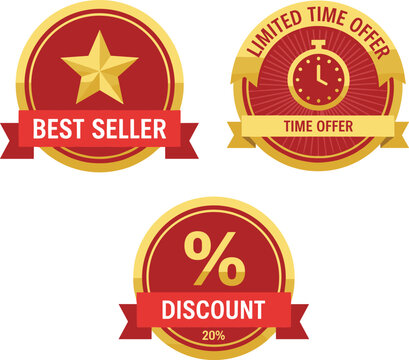 Best Seller, Limited Time Offer, and Discount 20% sale badges set, premium vector labels, golden red emblems for e-commerce promotion, web design elements, promotion icons.