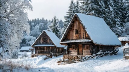 Snow-covered wooden cabins nestled in a serene winter landscape, showcasing rustic architecture, with a gradual zoom in capturing the tranquil ambiance of the scene