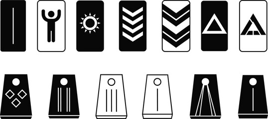 Symbol icon set, abstract shapes, black and white, geometric signs, minimal design, puzzle elements, mystery code, flat vector illustration