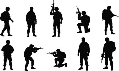 Armed soldier silhouettes, military poses, combat stances, rifle holding figures, tactical movement, war action, defense illustration, flat vector illustration
