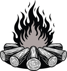 Campfire silhouette, burning firewood illustration, outdoor flame icon, camping fire setup, flat vector illustration, wood logs, flickering flame, night warmth