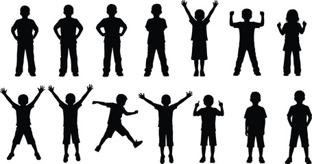 Children silhouette vector, kids poses, standing jumping running, black white illustration, body movement, flat vector illustration, playful child art