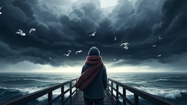 Alone on the pier, contemplating a stormy sea with seagulls in flight video preview