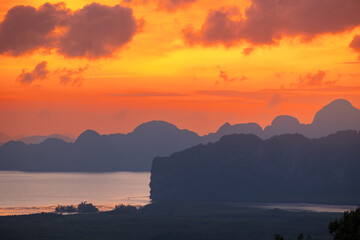 Beautiful nature of Thailand, sunset landscape Hong tropical island and Phang Nga bay in turquoise sea, aerial view. Travel trip on Asia concept