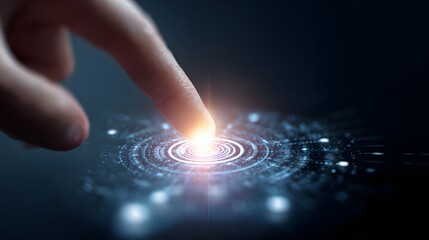 Finger touching a digital button on media screen with light effects. Close-up of a human hand touching a virtual panel. Future technology concept