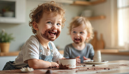 Two toddlers enjoy chocolate indoors. Their faces are covered with sweet cocoa. Kids have fun eating dessert. Happy children smile. They are in the kitchen at home.