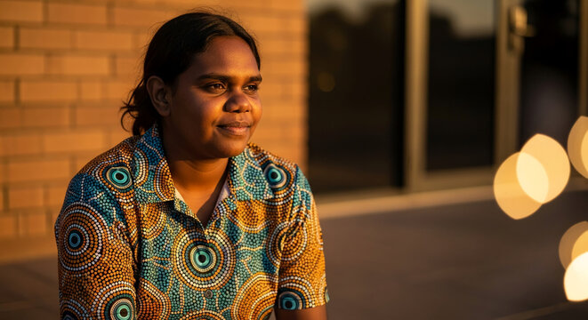 Young indigenous woman in colorful shirt, looking away, representing cultural identity, connection to heritage, and pride, against blurry background